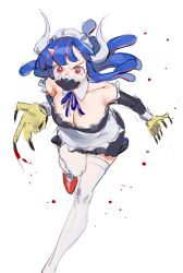Rule 34 | 1girl, ahoge, alternate costume, apron, blood, blue hair, breasts, cleavage, covered mouth, curled horns, detached collar, dinosaur girl, enmaided, horns, jewelry, large breasts, long hair, maid, maid apron, maid headdress, mask, mouth mask, multicolored hair, multiple horns, necklace, one piece, pink eyes, pink hair, pink mask, raine (acke2445), red footwear, running, sketch, solo, streaked hair, talons, thighhighs, ulti (one piece), waist apron, white background, white thighhighs