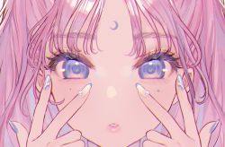 1girl bishoujo_senshi_sailor_moon blue_eyes character_request chibi_usa close-up commentary crescent crescent_facial_mark crescent_moon eyelashes facial_mark fingernails lips long_fingernails miyako_(xxxbibit) mole mole_under_eye moon nail_art nail_polish parted_bangs pink_hair portrait solo star_(symbol) symbol-only_commentary