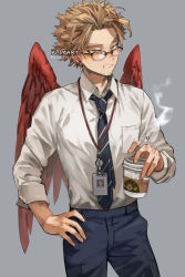 Rule 34 | 1boy, alternate costume, artist name, bespectacled, black-framed eyewear, black pants, blonde hair, breast pocket, cigarette, collared shirt, commentary, cowboy shot, cup, diagonal-striped clothes, diagonal-striped necktie, diagonal-striped neckwear, disposable cup, earrings, feathered wings, glasses, grey background, hand up, holding, holding cigarette, id card, jewelry, kadeart, long sleeves, looking at viewer, male focus, necktie, pants, pocket, red wings, semi-rimless eyewear, shirt, shirt tucked in, short hair, simple background, solo, standing, striped clothes, striped necktie, striped neckwear, teeth, watermark, white shirt, wings