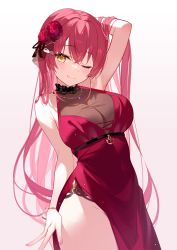 Rule 34 | 1girl, absurdres, arm behind head, arm up, bare arms, bracelet, breasts, cleavage, closed mouth, cowboy shot, crossed bangs, dress, flower, hair flower, hair ornament, hand in own hair, heiyan shenshi, highres, hololive, houshou marine, jewelry, large breasts, long hair, red dress, red flower, red hair, see-through, see-through cleavage, simple background, sleeveless, sleeveless dress, smile, solo, standing, very long hair, virtual youtuber, yellow eyes