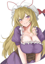Rule 34 | 1girl, absurdres, blonde hair, blush, bow, breasts, cleavage, commentary request, corset, dress, frilled dress, frills, gap (touhou), hat, hat ribbon, highres, kuraki, large breasts, long hair, looking at viewer, mob cap, puffy short sleeves, puffy sleeves, purple dress, purple eyes, red bow, red ribbon, ribbon, short sleeves, smile, solo, touhou, white background, white hat, yakumo yukari