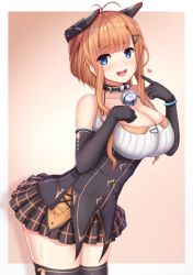 Rule 34 | 1girl, artistic error, azur lane, bare shoulders, bell, blue eyes, blunt bangs, blush, breasts, cleavage, collar, cowboy shot, foxhound (azur lane), foxhound (retrofit) (azur lane), gloves, headgear, heart, large breasts, looking at viewer, manda (manda9n), microskirt, neck bell, open mouth, orange hair, pleated skirt, pointing, pointing at self, short hair with long locks, sidelocks, skirt, smile, solo, sweatdrop, thighhighs, underbust