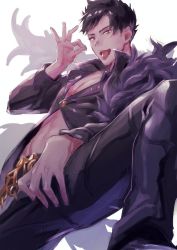 Rule 34 | 1boy, belial (granblue fantasy), belt, black hair, black shirt, crotch grab, fellatio gesture, granblue fantasy, looking at viewer, male focus, partially unbuttoned, pectorals, shirt, simple background, smile, solo, spread legs, tongue, tongue out, white background