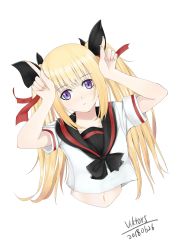 Rule 34 | 1girl, 2018, absurdres, artist name, black bow, black bowtie, black sailor collar, blonde hair, blunt bangs, bow, bowtie, closed mouth, collared shirt, cropped torso, dated, hair bow, hair ribbon, highres, long hair, looking at viewer, midriff, navel, original, purple eyes, red ribbon, ribbon, sailor collar, sailor shirt, shirt, short sleeves, simple background, solo, stomach, twintails, upper body, very long hair, viktorf, white background, white shirt