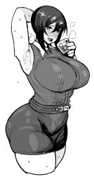 Rule 34 | 1girl, arm up, armpits, bad id, bad tumblr id, belt, breasts, curvy, greyscale, highres, huge breasts, long hair, monochrome, simple background, skirt, solo, synecdoche, thick thighs, thighs, white background