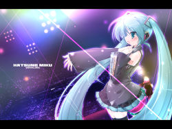 Rule 34 | 1girl, akahito, aqua eyes, aqua hair, aqua necktie, black thighhighs, blouse, character name, collared shirt, copyright name, cowboy shot, detached sleeves, from side, grey shirt, hatsune miku, headset, letterboxed, long hair, music, necktie, outstretched hand, shirt, singing, sleeveless, sleeveless shirt, solo, standing, tattoo, thighhighs, twintails, very long hair, vocaloid