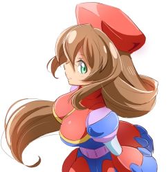 Rule 34 | 1girl, android, bad id, bad twitter id, beret, breasts, brown hair, dress, from above, green eyes, hair between eyes, hat, iris (mega man), large breasts, long hair, looking at viewer, mega man (series), mega man x4, mega man x (series), ngv3553, red hat, simple background, smile, solo, white background