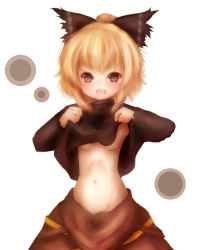 Rule 34 | 1girl, amano jack, bad id, bad pixiv id, blonde hair, blush, bow, breasts, brown eyes, clothes lift, fang, female focus, hair bow, highres, kurodani yamame, navel, open mouth, shirt lift, short hair, simple background, small breasts, solo, tears, touhou, underboob, white background