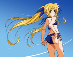 Rule 34 | 1girl, achanpuni, adjusting clothes, adjusting swimsuit, bikini, blonde hair, blue bikini, blue ribbon, blue sky, breasts, commentary request, contrail, fate testarossa, feet out of frame, from behind, hair ribbon, highres, long hair, looking at viewer, looking back, lyrical nanoha, mahou shoujo lyrical nanoha, red eyes, ribbon, side-tie bikini bottom, sky, small breasts, solo, standing, swimsuit, twintails