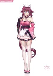 Rule 34 | 1girl, adapted costume, alternate costume, animal ears, apron, bare shoulders, black gloves, blue eyes, bow, character name, closed mouth, commentary request, detached collar, detached sleeves, dress, ear bow, ear covers, enmaided, fingerless gloves, frills, full body, ge (zmq67911029), gloves, high heels, horse ears, horse girl, horse tail, japanese clothes, kimono, long sleeves, looking at viewer, maid, medium hair, obi, petticoat, pink bow, purple hair, sakura chiyono o (umamusume), sash, signature, skirt, smile, solo, strapless, strapless dress, tail, thighhighs, umamusume, unconventional maid, white background, white thighhighs, wide sleeves