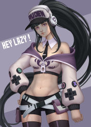 Rule 34 | 1girl, absurdres, bare shoulders, baseball cap, belt, belt pouch, bike shorts, black hair, black shorts, black thighhighs, blunt bangs, borrowed character, breasts, clothes writing, collarbone, commentary request, contrapposto, cropped jacket, d-pad, detached collar, english text, groin, hand on own hip, hat, head tilt, headphones, headset, high ponytail, highres, jarilo, lanmei, lips, long hair, long sleeves, looking at viewer, lowleg, lowleg shorts, medium breasts, multiple belts, navel, necktie, nose, off-shoulder sweater, off shoulder, original, pouch, purple eyes, short shorts, shorts, solo, standing, sweater, thighhighs, tie clip, unzipped, very long hair, zipper pull tab