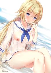 Rule 34 | 1girl, blonde hair, blue eyes, blush, braid, breasts, covered erect nipples, dutch angle, fate/apocrypha, fate (series), jeanne d&#039;arc (fate), jeanne d&#039;arc (ruler) (fate), kaetzchen, large breasts, long hair, looking at viewer, navel, nervous smile, nipples, revision, school uniform, see-through, serafuku, single braid, sitting, smile, solo, wet, wet clothes