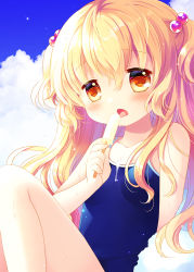 Rule 34 | 1girl, bare arms, bare shoulders, blonde hair, blue one-piece swimsuit, blue sky, blush, breasts, brown eyes, cloud, cloudy sky, collarbone, day, food, hair between eyes, hair bobbles, hair ornament, hand up, highres, holding, holding food, ice cream, knee up, looking at viewer, one-piece swimsuit, original, outdoors, sakurazawa izumi, sitting, sky, small breasts, solo, swimsuit, two side up