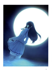 Rule 34 | 1girl, absurdres, black hair, blue eyes, clothes lift, female focus, from behind, full moon, highres, innocent grey, kara no shoujo, kuchiki touko, long hair, looking back, moon, night, open mouth, outdoors, scan, school uniform, skirt, skirt lift, sky, solo, sugina miki, water