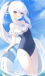 Rule 34 | 1girl, blue archive, blue halo, blue one-piece swimsuit, blue sky, blush, breasts, casual one-piece swimsuit, collarbone, covered navel, cowboy shot, crossed bangs, frilled one-piece swimsuit, frills, halo, highres, innertube, long hair, miyako (blue archive), miyako (swimsuit) (blue archive), mogumogumo 0, ocean, off-shoulder one-piece swimsuit, off shoulder, official alternate costume, one-piece swimsuit, parted lips, petite, purple eyes, side ponytail, sidelocks, sky, small breasts, solo, spaghetti strap, swim ring, swimsuit, very long hair, white hair