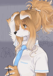 Rule 34 | 1girl, :3, ^ ^, animal ears, animal hands, animal nose, arm up, blue eyes, blue necktie, blush, breast pocket, brown hair, claws, closed eyes, closed mouth, collared shirt, dog ears, dog girl, english text, expressionless, female focus, from side, furry, furry female, gradient hair, grey background, hair tie, hand up, happy, highres, holding, holding own hair, kikurage (crayon arts), light blush, multicolored hair, multiple views, necktie, notice lines, open mouth, original, partially colored, pawpads, pocket, profile, sad, shirt, short sleeves, smile, snout, tears, tying hair, upper body, white hair, white shirt