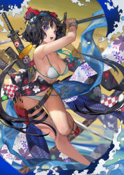 Rule 34 | 1girl, absurdres, bikini, black hair, bracelet, breasts, calligraphy brush, cleavage, dual wielding, fate/grand order, fate (series), floral print, goggles, goggles on head, hair ornament, highres, holding, holding sword, holding weapon, jewelry, katana, katsushika hokusai (fate), katsushika hokusai (swimsuit saber) (fate), long hair, medium breasts, open mouth, paintbrush, purple eyes, sandals, sheath, sheathed, solo, swimsuit, sword, teeth, thigh strap, twintails, unsheathed, very long hair, waves, weapon, white bikini, zhoumo fangjia