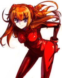 Rule 34 | 1girl, asamiyajy, blue eyes, bodysuit, breasts, breasts apart, cowboy shot, hair between eyes, hair ornament, hand on own ass, interface headset, legs apart, long hair, looking at viewer, medium breasts, neon genesis evangelion, orange hair, plugsuit, scarf (artist), shiny clothes, simple background, skin tight, solo, souryuu asuka langley, two side up, white background