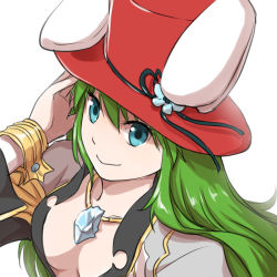 Rule 34 | 1girl, animal ear headwear, animal ears, black ribbon, blue eyes, breasts, closed mouth, coat, commentary request, fake animal ears, gem, green hair, grey coat, hand in own hair, hat, hat ribbon, jewelry, long hair, looking at viewer, medium breasts, natsuya (kuttuki), necklace, rabbit ears, ragnarok online, red hat, ribbon, simple background, smile, solo, top hat, upper body, warlock (ragnarok online), white background, wrist cuffs