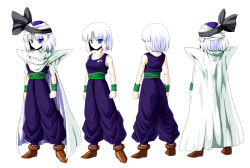 Rule 34 | 1girl, back, blue eyes, cape, character sheet, cosplay, crossover, dragon ball, dragonball z, kamishima kanon, konpaku youmu, looking at viewer, piccolo, piccolo (cosplay), short hair, silver hair, simple background, solo, touhou, turban, white background