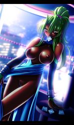 Rule 34 | 1girl, blush, breasts, condom, dark skin, dress, earrings, green hair, highres, jewelry, large breasts, looking at viewer, melficexd, naughty face, nipples, ponytail, puffy nipples, pussy, sofia, toushinden, uncensored, yellow eyes