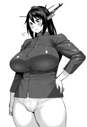 Rule 34 | 10s, 1girl, :3, bad id, bad pixiv id, black hair, breasts, greyscale, hand on own hip, highres, huge breasts, kantai collection, long hair, looking down, monochrome, nagato (kancolle), panties, simple background, solo, synecdoche, thick thighs, thighs, underwear, white background