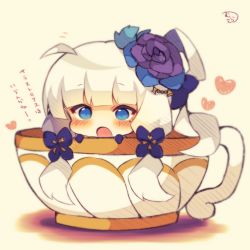 Rule 34 | :o, azur lane, blue eyes, blue flower, blue gloves, blush, chibi, cup, flower, full body, gloves, hair flower, hair ornament, hair rings, hat, heart, illustrious (azur lane), illustrious (never-ending tea party) (azur lane), in container, in cup, long hair, looking at viewer, low twintails, mini hat, mole, mole under eye, muuran, open mouth, purple flower, signature, silver hair, solo, translation request, twintails, very long hair, white hat