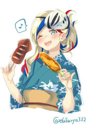 Rule 34 | 1girl, alternate hairstyle, blonde hair, blue eyes, blue hair, blue kimono, blush, breasts, commandant teste (kancolle), corn, corn cob, ebifurya, floral print, food, highres, holding, holding food, ikayaki, japanese clothes, kantai collection, kimono, long hair, looking at viewer, mask, mask on head, multicolored hair, musical note, nail polish, obi, one eye closed, open mouth, red hair, sash, seaplane tender water princess, simple background, smile, solo, spoken musical note, squid, white background, yukata