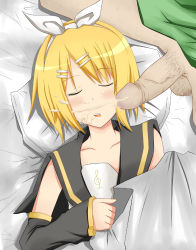 Rule 34 | 1girl, bad id, bad pixiv id, bed, blonde hair, blush, closed eyes, cum, cum on hair, detached sleeves, ejaculation, facial, flat chest, handsfree ejaculation, kagamine rin, lying, open mouth, oral, penis, rioshi, short hair, sleep molestation, sleeping, solo focus, uncensored, vocaloid