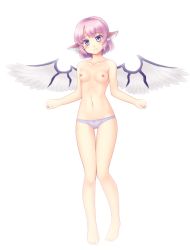 Rule 34 | 1girl, bad id, bad pixiv id, bare legs, barefoot, blush, breasts, closed mouth, earrings, eyebrows, frown, full body, groin, head tilt, head wings, isaki (gomi), jewelry, looking at viewer, mystia lorelei, navel, nipples, panties, pink hair, purple eyes, purple panties, short hair, simple background, small breasts, solo, standing, stomach, thigh gap, topless, touhou, underwear, underwear only, white background, white wings, wings