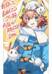 Rule 34 | 1girl, absurdres, animal, animal ears, animal hat, animal in clothes, beanie, blue eyes, blush, brown hair, carrot, chinese zodiac, coat, crescent, crescent hat ornament, deho toiimasu, duffel coat, fake animal ears, flipped hair, hand in pocket, hat, hat ornament, highres, looking to the side, nengajou, new year, open mouth, original, pom pom (clothes), rabbit, rabbit hat, scarf, short hair, solo, teeth, translation request, upper teeth only, year of the rabbit