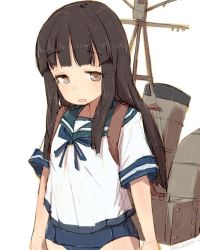 Rule 34 | 1girl, alchera, black hair, blue one-piece swimsuit, blue sailor collar, blunt bangs, brown eyes, collared shirt, commentary request, cowboy shot, hatsuyuki (kancolle), kantai collection, long hair, looking at viewer, machinery, mast, neckerchief, one-piece swimsuit, sailor collar, school swimsuit, school uniform, serafuku, shirt, simple background, smokestack, solo, swimsuit, white background