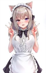 Rule 34 | 1girl, :d, apron, black bow, black ribbon, black skirt, blush, bow, breasts, brown hair, center frills, collared shirt, commentary request, double v, dress shirt, fangs, frilled apron, frills, hair ribbon, hands up, heterochromia, long hair, looking at viewer, maid, maid headdress, marisasu (marisa0904), medium breasts, nail polish, open mouth, original, purple eyes, purple nails, red eyes, ribbon, shirt, simple background, skirt, smile, solo, v, waist apron, white apron, white background, white shirt