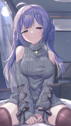 Rule 34 | 1girl, ahoge, aran sweater, black ribbon, braid, breasts, cable knit, closed mouth, clothing cutout, hair ornament, highres, indie virtual youtuber, jewelry, ksk (semicha keisuke), long hair, mole, mole under eye, moon, necklace, purple eyes, purple hair, ribbon, second-party source, shoulder cutout, sleeves past wrists, smile, solo, spread legs, star (symbol), star necklace, sweater, thighhighs, turtleneck, turtleneck sweater, twintails, virtual youtuber, window, x hair ornament, yunico (vtuber)