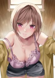 Rule 34 | 1girl, akatsuki hijiri, black shorts, blush, bra, breasts, brown hair, cleavage, closed mouth, collarbone, copyright request, cover image, cowboy shot, highres, jacket, jacket partially removed, large breasts, looking at viewer, novel illustration, official art, pink bra, red eyes, short hair, short shorts, shorts, solo, strap slip, textless version, underwear, yellow jacket