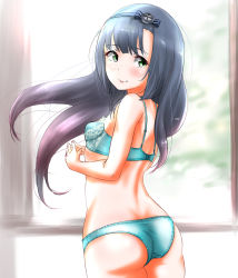 Rule 34 | 1girl, aged up, aqua bra, aqua panties, ass, black hair, blush, bra, breasts, butt crack, closed mouth, gradient hair, green eyes, highres, kantai collection, long hair, matsuwa (kancolle), multicolored hair, panties, small breasts, smile, solo, tama (tamago), underwear, underwear only, wind, window