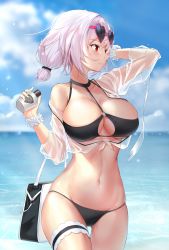 Rule 34 | 1girl, arm behind head, arm up, azur lane, bag, bare shoulders, bikini, black bikini, breasts, cleavage, cleavage cutout, closed mouth, clothing cutout, cloud, cloudy sky, collarbone, commentary request, cowboy shot, day, eyewear on head, gluteal fold, groin, hair between eyes, halterneck, hand up, heart, heart-shaped eyewear, highres, holding, large breasts, looking away, looking to the side, lotion, lotion bottle, navel, o-ring, o-ring top, ocean, outdoors, pdxen, red eyes, scrunchie, see-through, short hair, shoulder bag, single bare shoulder, sirius (azur lane), sirius (scorching-hot seirios) (azur lane), sky, solo, standing, stomach, sunglasses, sunscreen, swimsuit, thigh gap, thigh strap, thighs, water, white hair, wrist scrunchie