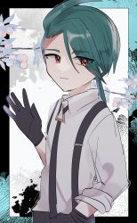 Rule 34 | 1girl, absurdres, ahoge, androgynous, aqua hair, black gloves, black necktie, branch, closed mouth, collared shirt, creatures (company), eyes visible through hair, flat chest, game freak, gloves, hand in pocket, hand up, highres, leaf, long hair, necktie, nintendo, pokemon, pokemon sv, ponytail, red eyes, reverse trap, rika (pokemon), shinomiya (o ou9), shirt, smile, solo, suspenders, white shirt