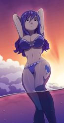 Rule 34 | 1girl, arms behind head, arms up, bikini, blue bikini, blue eyes, blue hair, breasts, cleavage, cloud, fairy tail, female focus, highres, juvia lockser, large breasts, legs, long hair, looking at viewer, matching hair/eyes, navel, partially submerged, ravenravenraven, solo, sunset, swimsuit, tattoo, water