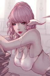 Rule 34 | 1girl, au ra, blue eyes, blurry, blurry background, book, book stack, bra, breasts, cleavage, closed mouth, dragon horns, dragon tail, drill hair, eyeshadow, final fantasy, final fantasy xiv, horns, jewelry, large areolae, leaning forward, lips, long hair, looking at viewer, makeup, medium breasts, necklace, nipples, pink hair, plexi, sagging breasts, scales, see-through, solo, soranamae, tail, underwear