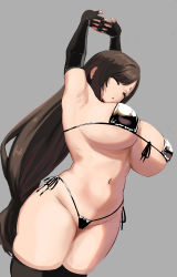 Rule 34 | 1girl, absurdres, armpits, arms up, awesomeerix, bikini, black bikini, black gloves, black thighhighs, breasts, brown hair, closed mouth, curvy, elbow gloves, closed eyes, female pubic hair, final fantasy, final fantasy vii, final fantasy vii remake, fingerless gloves, front-tie bikini top, front-tie top, furrowed brow, gloves, grey background, highres, huge breasts, interlocked fingers, long hair, low-tied long hair, micro bikini, navel, own hands together, pubic hair, pubic hair peek, raised eyebrows, side-tie bikini bottom, simple background, skindentation, solo, stomach, stretching, swimsuit, thick thighs, thighhighs, thighs, tifa lockhart, underboob