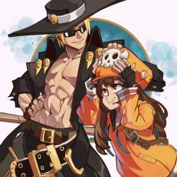 Rule 34 | 1boy, 1girl, abs, absurdres, adjusting clothes, adjusting headwear, black gloves, blonde hair, brown hair, cabbie hat, cowboy hat, fingerless gloves, gloves, guilty gear, guilty gear strive, guilty gear xrd, hat, hat ornament, highres, hood, hoodie, johnny (guilty gear), long hair, long sleeves, looking at another, may (guilty gear), moxydraws, open clothes, orange eyes, orange headwear, orange hoodie, short hair, skull and crossbones, skull hat ornament, smile, sunglasses