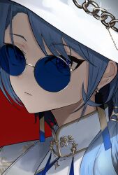 Rule 34 | 1girl, absurdres, black hair, blue-tinted eyewear, blue eyes, blue hair, close-up, coat, colored inner hair, commentary, csui d, earrings, fedora, glint, hair over shoulder, hat, hat chain, highres, hololive, hoshimachi suisei, hoshimachi suisei (8th costume), hoshimachi suisei (oriental suit), jacket, jewelry, long hair, long sleeves, looking at viewer, multicolored hair, neck tassel, official alternate costume, official alternate eye color, print coat, red background, round eyewear, simple background, solo, star (symbol), star in eye, sunglasses, symbol in eye, tassel, tassel earrings, tinted eyewear, tsurime, virtual youtuber, white coat, white hat, white jacket, wolf cut