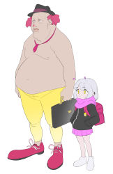 Rule 34 | 1boy, 1girl, absurdres, age difference, antennae, backpack, bag, black headwear, black jacket, child, closed mouth, clown, commentary, earclip, english commentary, fat, fat man, fedora, grey hair, hand in pocket, hat, height difference, highres, holding, holding suitcase, jacket, medium hair, milim nova, miniskirt, necktie, original, pants, pink eyes, pink hair, pink skirt, pleated skirt, randoseru, shoes, short necktie, simple background, skirt, star-shaped pupils, star (symbol), suitcase, symbol-shaped pupils, topless male, white background, white footwear, yellow eyes, yellow pants