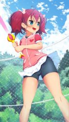 Rule 34 | 1girl, absurdres, bike shorts, black shorts, brown hair, cameltoe, chain-link fence, cloud, energy sword, ether core, fence, gluteal fold, green eyes, highres, jacket, legs, long hair, miniskirt, open mouth, outdoors, pink jacket, ribbon, saru getchu, sayaka (saru getchu), shorts, shorts under skirt, skirt, sky, smile, solo, sword, thighs, twintails, weapon, white skirt, wind, wind lift