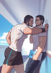 Rule 34 | 2boys, absurdres, bara, beard, black hair, black pants, blouse, blush, book, brown hair, bulge, dolphin shorts, eye contact, facial hair, feet out of frame, fingers to chin, glasses, hand on own chin, highres, holding, holding book, kabedon, looking at another, male focus, multiple boys, muscular, original, pants, shirt, short hair, shorts, sweatdrop, thick thighs, thighs, white shirt, yanxijun, yaoi