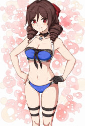 Rule 34 | 1girl, absurdres, alternate costume, bikini, black gloves, blue bikini, blush, bow, breasts, brown hair, choker, cleavage, collarbone, commission, cosplay, cowboy shot, drill hair, gloves, gradient background, hair between eyes, hair bow, harukaze (kancolle), highres, johnston (kancolle), johnston (kancolle) (cosplay), kanmiya shinobu, kantai collection, long hair, medium breasts, navel, pink background, red bow, red eyes, single glove, skeb commission, smile, solo, swimsuit, twin drills, united states medal of honor