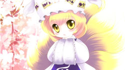 Rule 34 | 1girl, blonde hair, blush, chibi, female focus, fox tail, hands in opposite sleeves, hat, hat with ears, highres, multiple tails, short hair, solo, tail, touhou, yakumo ran, yellow eyes, yume shokunin