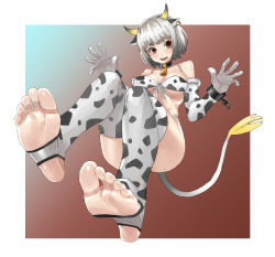 Rule 34 | 1girl, :d, animal ears, animal print, bell, bikini, blue background, border, brown background, brown eyes, collar, cow ears, cow horns, cow print, cow tail, eiji (eiji), elbow gloves, fake animal ears, fake tail, feet, foot focus, foreshortening, full body, gloves, grey hair, highres, horns, neck bell, open clothes, open mouth, original, smile, soles, solo, swimsuit, tail, thighhighs, toeless legwear, toes, two-tone background, uzaki hana, uzaki tsuki, uzaki yanagi, white bikini, white border, white gloves, white thighhighs