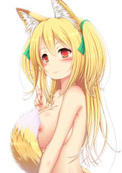 Rule 34 | 1girl, absurdres, animal ears, bad id, bad nicoseiga id, blonde hair, blush, breasts, female focus, fox ears, fox tail, hair ribbon, highres, large breasts, long hair, looking at viewer, n.chagashi, nipples, nude, ocha (gogonuko), original, red eyes, ribbon, simple background, smile, solo, tail, twintails, two side up, upper body, white background